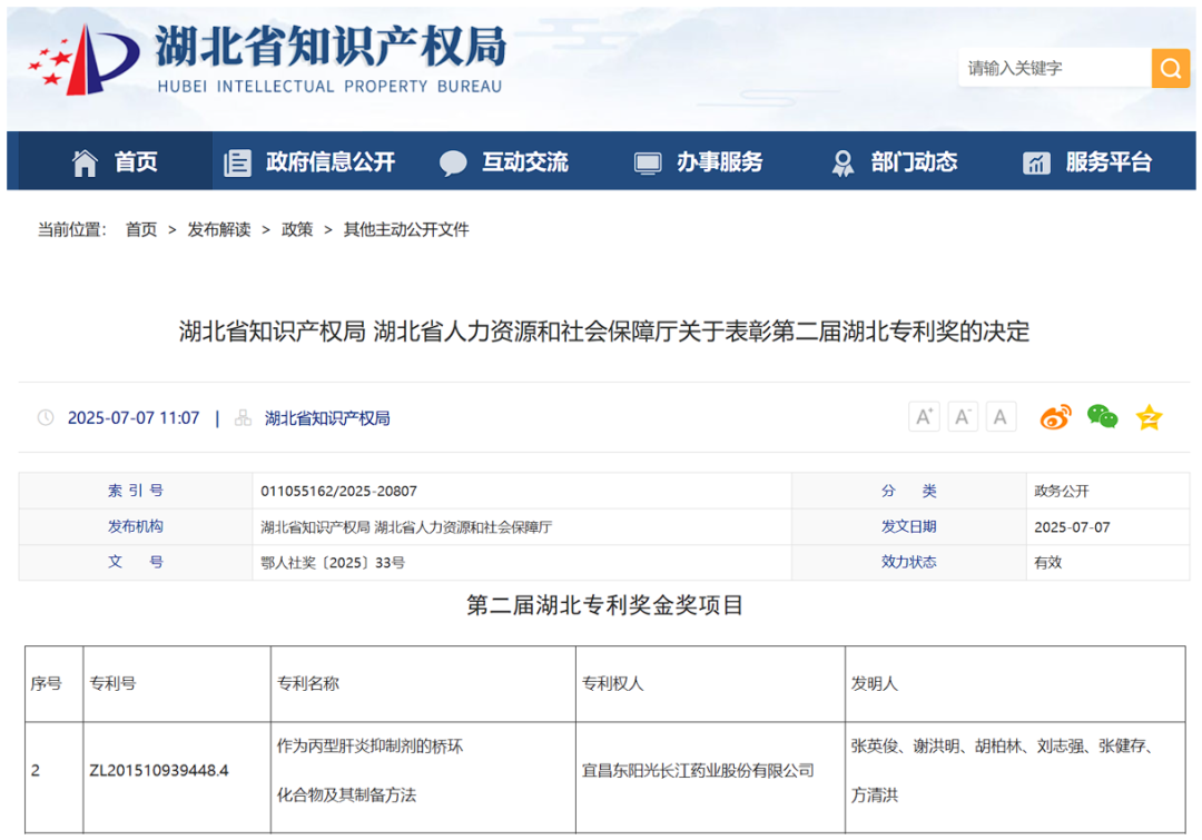 载誉而归,东阳光药(06887)发明专利斩获湖北专利金奖!
