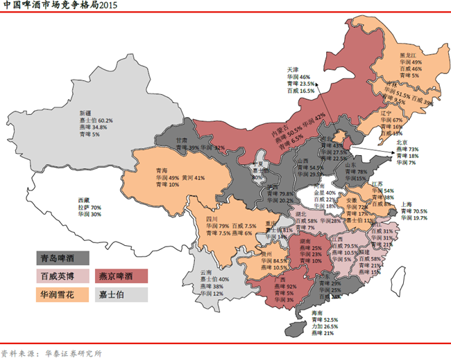 在全国25个市场都拥有生产基地,其雪花啤酒在四川,贵州,安徽,江苏