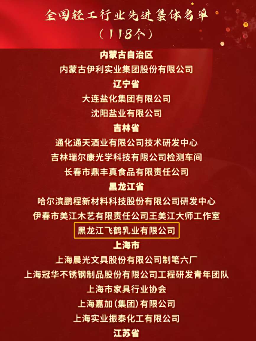 飞鹤乳业(06186)荣获“全国轻工行业先进集体”称号