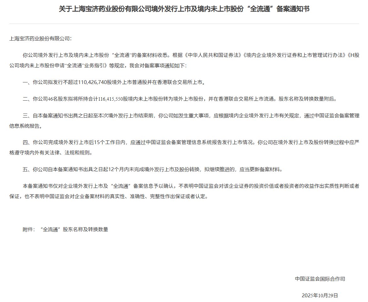 新股消息 | 宝济药业港股IPO及境内未上市股份“全流通”获中国证监会备案
